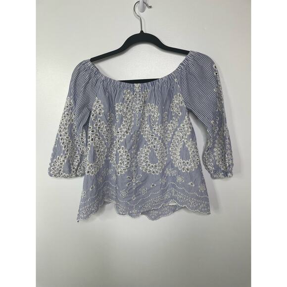 Express Blouse Eyelet Off the Shoulder Striped 3/4 Sleeve Cotton Lined Blue S - Picture 8 of 12